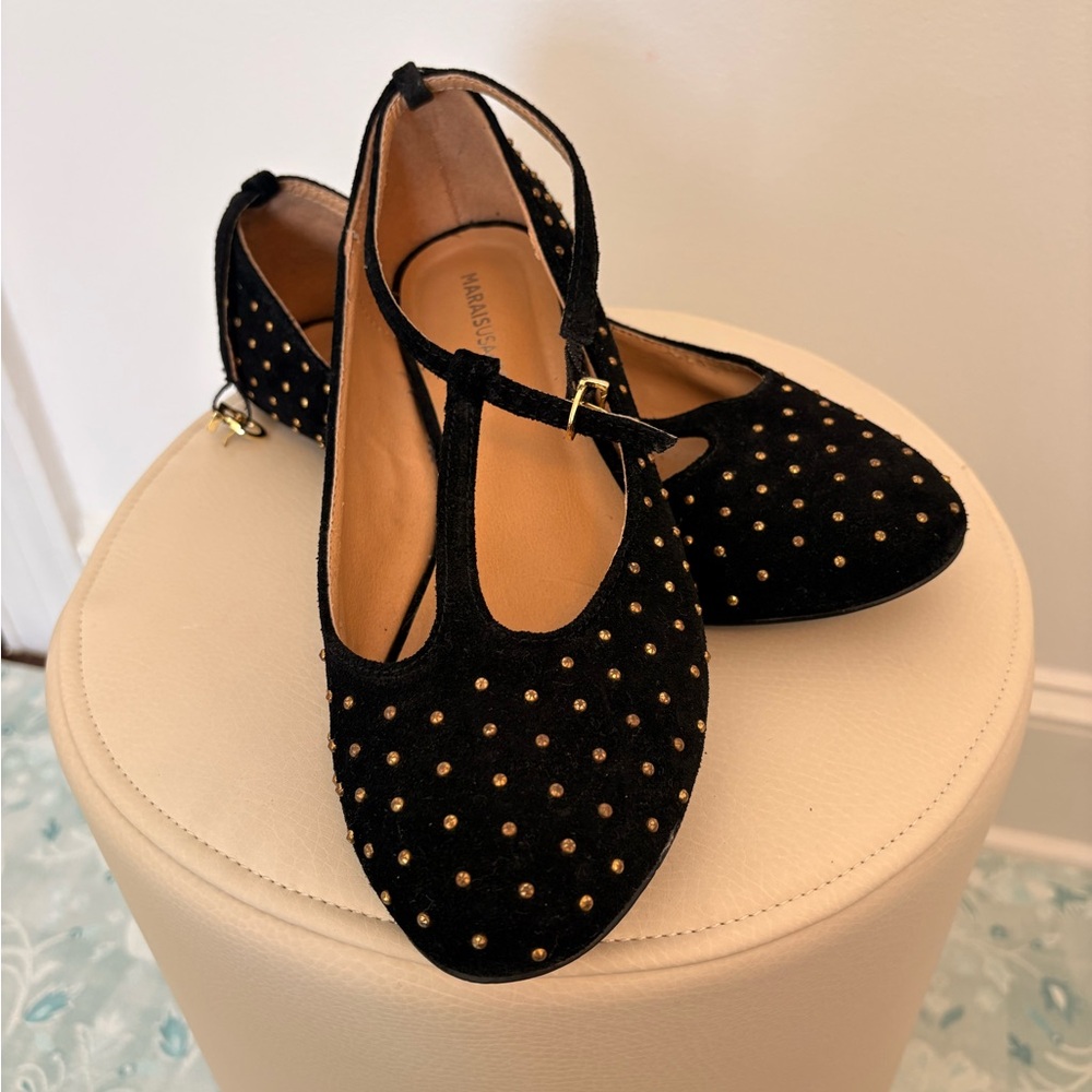 Marais USA Black Suede Studded T-Strap Flats Mary Jane Flats Size 8.5